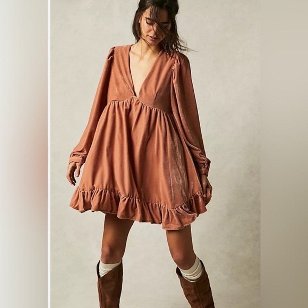 Free People Stella Velvet Mini Dress in Tan